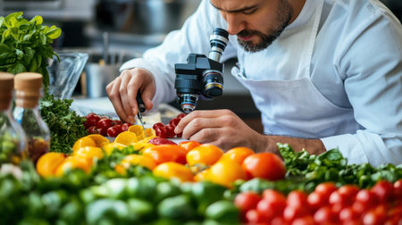 A professional chef analyzes brilliant vegetables with a microscope, highlighting the intersection of culinary arts and scientific exploration in a modern kitchen setting.の素材