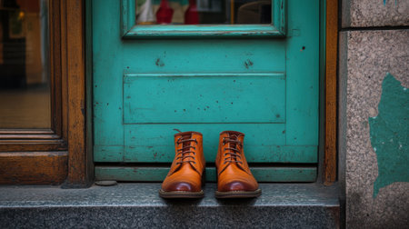 A pair of stylish leather boots rests on a stone surface by a vibrant turquoise door, illustrating the perfect blend of modern style and urban charm in an everyday setting.の素材