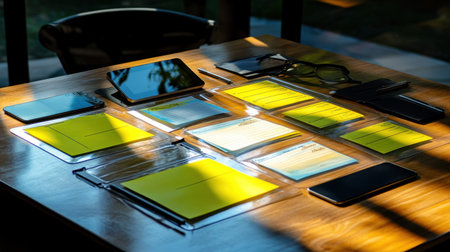 A vibrant workstation featuring yellow notepads and digital devices neatly arranged on a wooden table, capturing a serene atmosphere suitable for productivity and creative planning.の素材