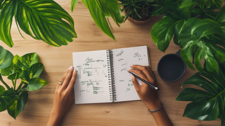 A serene workspace featuring a spiral notebook with handwritten notes, surrounded by vibrant indoor plants and a coffee cup, perfect for inspiring creativity and focus.の素材