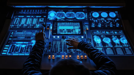 An operator interacts with a high-tech control panel featuring a glowing interface, perfect for themes related to technology, automation, and futuristic concepts.の素材