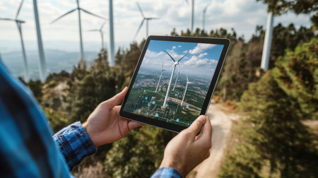 A person holds a tablet featuring wind turbines against a picturesque backdrop, illustrating the blend of modern technology and nature in the renewable energy sector.の素材