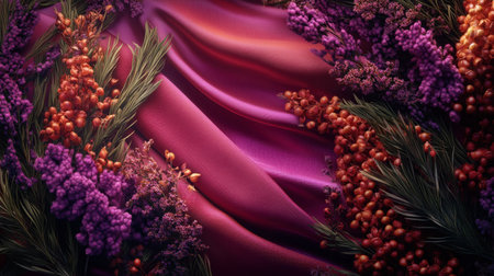 A stunning floral composition featuring vibrant hues intertwined with elegant purple fabric, creating a visually appealing and harmonious blend of textures and colors.の素材