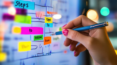 Hand holding pen highlights colorful sticky notes on digital screen, showcasing a planning workflow for effective project management and strategic visualization.の素材