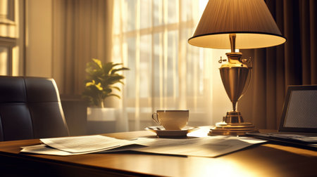 A beautifully lit home office scene featuring a warm desk with a lamp, coffee cup, and scattered documents, creating an inviting space for productivity and inspiration.の素材