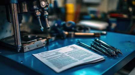 A detailed view of a vibrant industrial workspace showcasing various tools and a printed document, ideal for content related to engineering and manufacturing processes.の素材