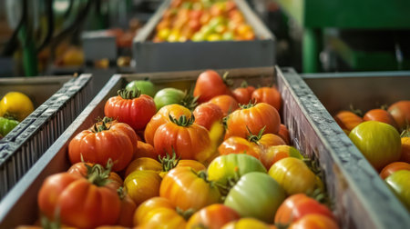 A stunning display of freshly picked heirloom tomatoes rests on a conveyor belt in a processing facility, highlighting the vibrant colors and healthy appeal of organic produce.の素材