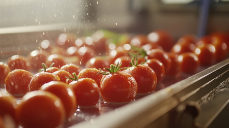 Vibrant red tomatoes are being washed and glistening under bright light, representing freshness and healthy food choices in a clean agricultural setting. Perfect for cooking themes.の素材