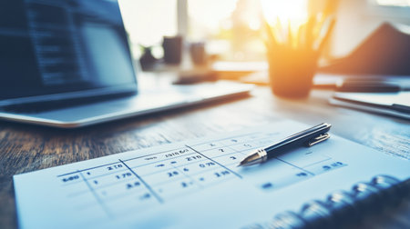 A bright office scene featuring a laptop, pen, and notebook on a wooden desk, symbolizing productivity and planning in a modern business environment.の素材