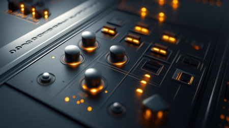 This close-up image showcases a high-tech control panel with glowing buttons and knobs, emphasizing a blend of modern design and intricate electronic components in a stylish dark setting.の素材