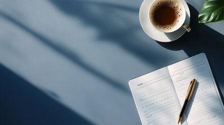 A serene workspace featuring a notebook, pen, and a coffee cup, illuminated by soft natural light. This setting is ideal for enhancing creativity and productivity.の素材