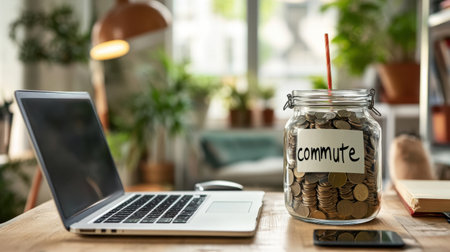 A serene and inspiring workspace with a laptop next to a glass jar of coins labeled "commute," surrounded by greenery, promoting productivity and financial planning.の素材