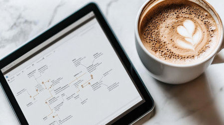 A stylish workspace featuring a tablet with a mind map on a marble table, accompanied by a cozy cup of coffee, ideal for inspiring creativity and productivity.の素材