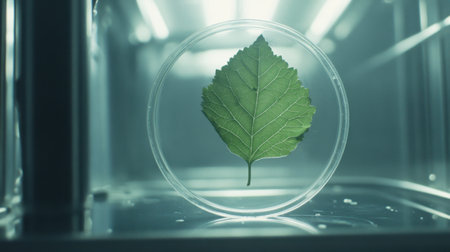An elegant close-up of a single green leaf resting in a glass petri dish, highlighting the intricate texture and vibrant color in a modern laboratory environment.の素材