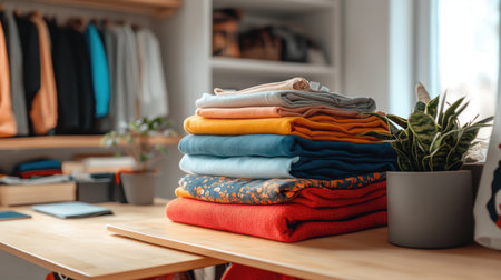 A visually appealing arrangement of colorful, neatly folded clothes on a wooden table captures the essence of a cozy and organized workspace, complemented by vibrant plants and hanging garments.の素材