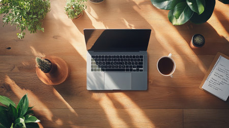 An inviting and modern workspace featuring a laptop, coffee mug, and potted plants, bathed in natural light, ideal for productivity, creativity, and inspiration in your home or office.の素材