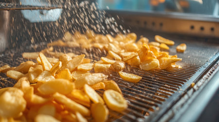 Images showcasing the sizzling process of golden potato slices being deep-fried, capturing the delicious aroma and texture of a classic snack at a food processing facility.の素材