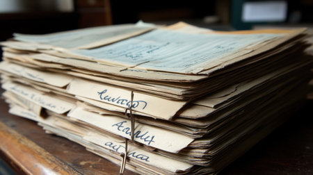 A close-up view of a stack of aged papers with handwritten labels, resting atop a wooden table, evoking a sense of nostalgia and historical significance in rich textures.の素材