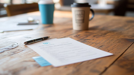 A serene business workspace featuring coffee cups and important paperwork on a rustic table, ideal for meetings, planning sessions, or creative collaborations in a professional setting.の素材