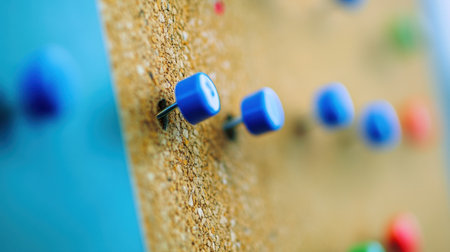Vibrant close-up of colorful push pins inserted into a corkboard, perfect for creative projects, organization, and enhancing workspace aesthetics and productivity.の素材