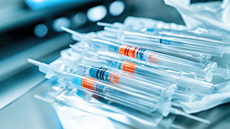 A collection of sterile syringes ready for medical procedures, highlighting the importance of hygiene, safety, and efficiency in healthcare settings.の素材