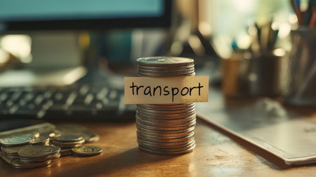 Close-up of stacked coins with a label reading "transport," set against a blurred office backdrop, representing financial aspects of logistics and economic strategies.の素材