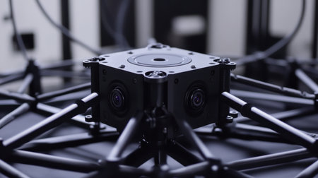 Explore the intricate design of a multi-camera rig featuring advanced optics and innovative engineering, perfect for high-quality image capture and professional photography projects.の素材