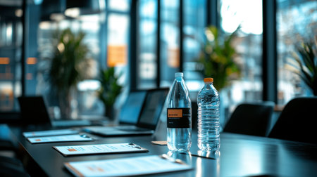 Bright and modern office space featuring water bottles and laptops on a polished table, creating a professional atmosphere for meetings and collaboration.の素材