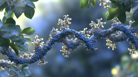 Discover a captivating close-up of vibrant microbial structures intertwined with lush green leaves, creating a stunning visual representation of nature's intricate beauty in soft light.の素材