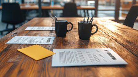 A well-arranged office table featuring coffee mugs, documents, and stationery, perfectly set for a productive meeting in a bright and modern workspace.の素材