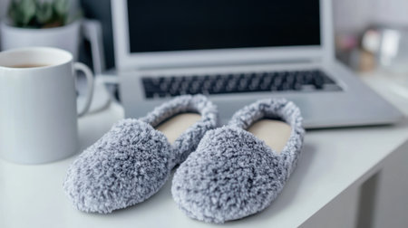 Soft gray slippers rest on a desk beside a laptop and coffee mug, creating a warm and inviting atmosphere for relaxation and productivity at home.の素材