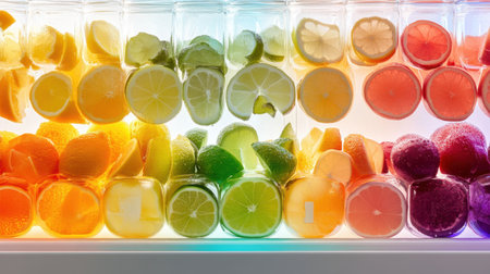 A stunning display of fresh citrus fruits arranged in glass jars, showcasing a vibrant rainbow of colors. Perfect for conveying health, freshness, and vitality in food or lifestyle concepts.の素材
