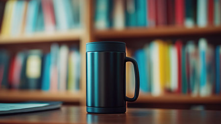 A sleek black coffee mug sits elegantly on a wooden table, with a vibrant bookshelf in the background, creating a cozy atmosphere perfect for studying or relaxing with a warm drink.の素材