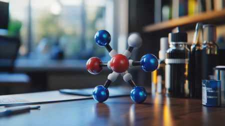 A detailed 3D model of a molecule centered on a wooden desk in a modern workspace, surrounded by bottles and laboratory equipment, showcasing a vibrant and educational science theme.の素材