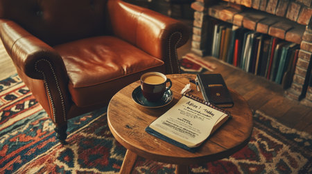 A cozy living room scene featuring a brown leather armchair, a wooden table with a coffee cup, and a vintage book, inviting relaxation and enjoyment of simple pleasures in home decor.の素材