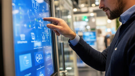 A professional male interacts with a touchscreen displaying data in a modern business environment, showcasing the integration of technology and innovation for effective user engagement.の素材