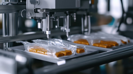 A high-tech automated packaging machine efficiently fills and seals transparent bags with food products in an industrial setting, showcasing modern manufacturing processes.の素材