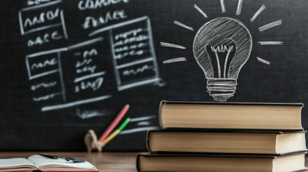 A visually engaging representation of inspiration and education, showcasing a light bulb above a stack of books, set against a black chalkboard background with colorful chalk pieces.の素材