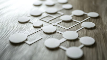 This image depicts an abstract representation of a flowchart with circular nodes arranged on a wooden surface, representing strategic planning and creative process visualization.の素材
