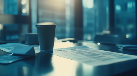 A warm coffee cup sits on a sleek desk, surrounded by scattered papers, enhanced by soft morning light from large windows, creating a serene workspace atmosphere.の素材