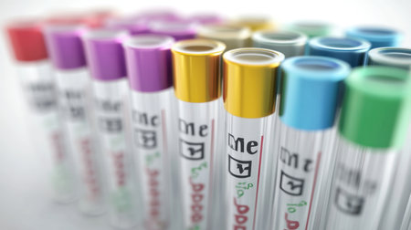 A vibrant collection of test tubes arranged in a professional laboratory setting, highlighting the intersection of science, research, and medical innovation in experimentation.の素材