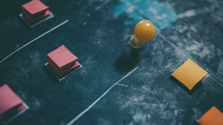 Close-up image of colorful sticky notes with a yellow push pin on a dark blackboard, symbolizing organization, creativity, and planning in a professional workspace environment.の素材