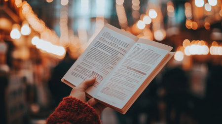 A serene moment captures a person holding an open book amidst warm, glowing lights. This image reflects the joy of reading and the tranquil atmosphere of cozy spaces.の素材