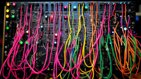 An intricate electronic synthesizer with colorful cables vividly arranged, representing creativity in modern music production and sound design techniques.の素材