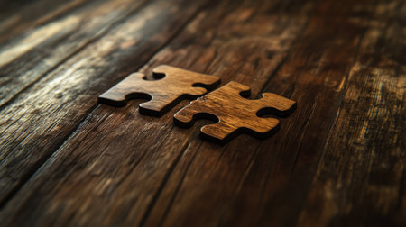 Two wooden puzzle pieces rest on a rustic wooden surface, embodying themes of connection and problem-solving. Ideal for creative and conceptual projects.の素材