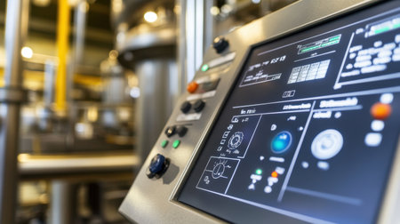 Close-up of an industrial control panel featuring a digital display and buttons, set against a backdrop of manufacturing equipment and pipes in a modern facility.の素材