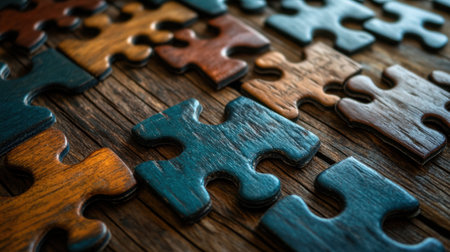 This image features an artistic arrangement of wooden puzzle pieces on a rustic wooden background, emphasizing various colors and textures, ideal for themes of creativity and problem solving.の素材