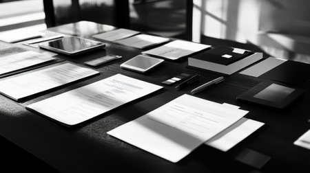 A visually appealing black and white image of a neatly arranged workspace featuring documents, tablets, and stationery, immersed in soft natural light that enhances clarity and professionalism.の素材