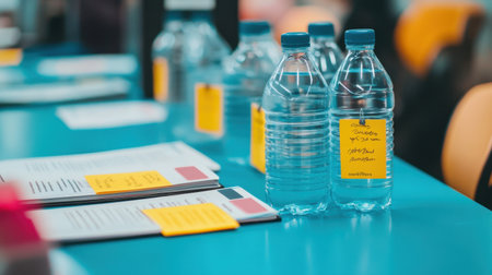 A collection of clear water bottles with bright yellow labels sits next to neatly arranged documents on a blue table, ideal for events emphasizing wellness and organization.の素材