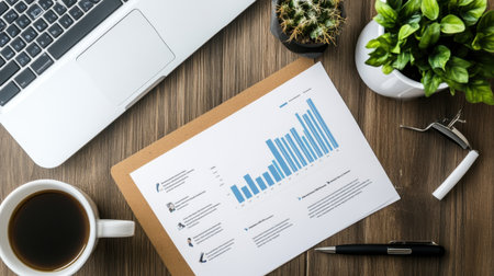 Engaging workspace scene showcasing a growth chart, laptop, coffee cup, and potted plants, perfect for themes of business analysis, productivity, and professional inspiration.の素材